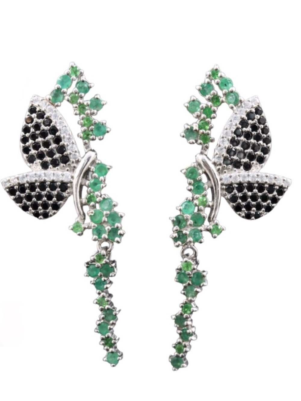 STERLING SILVER 925 GENUINE EMERALD &  SAPPHIRE W/CUBIC ZIRCONIA EARRINGS